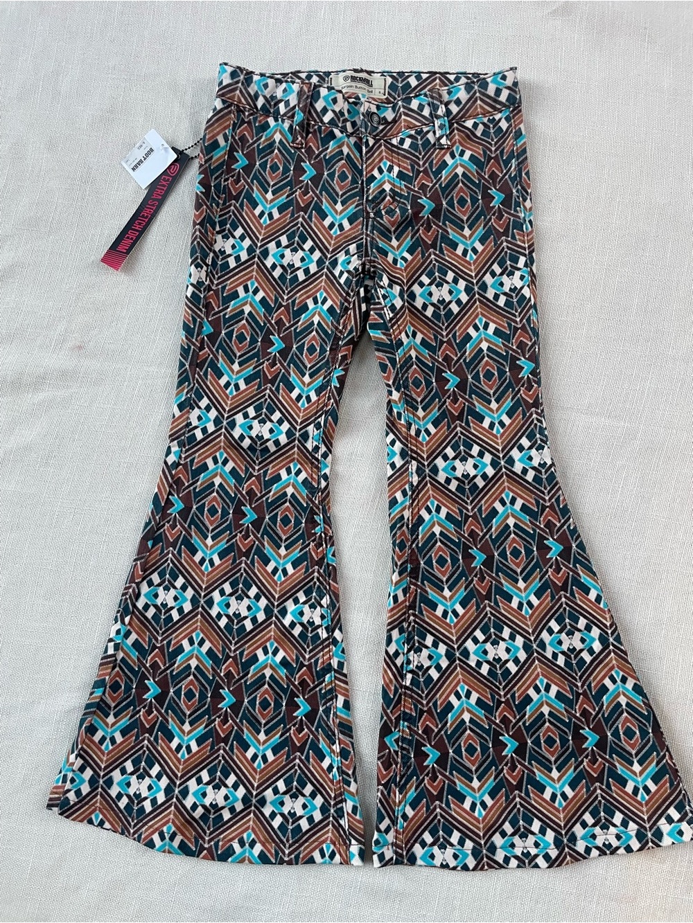 Kids Geometric Print Flared Jeans - Teal Brown White